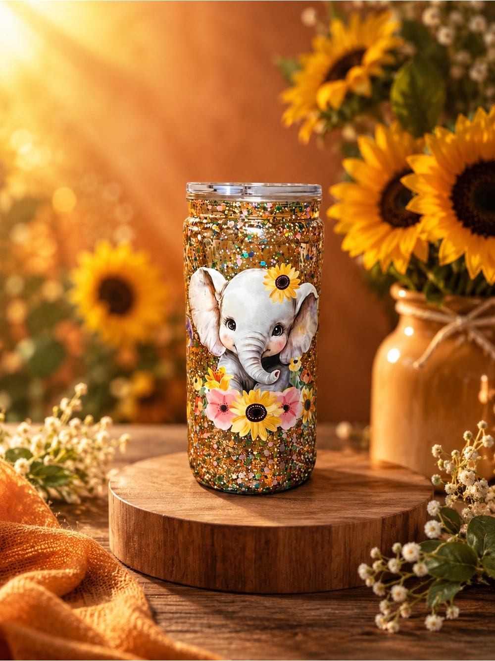 Animal Gold Glitter Elephant Sunflower Travel Mug